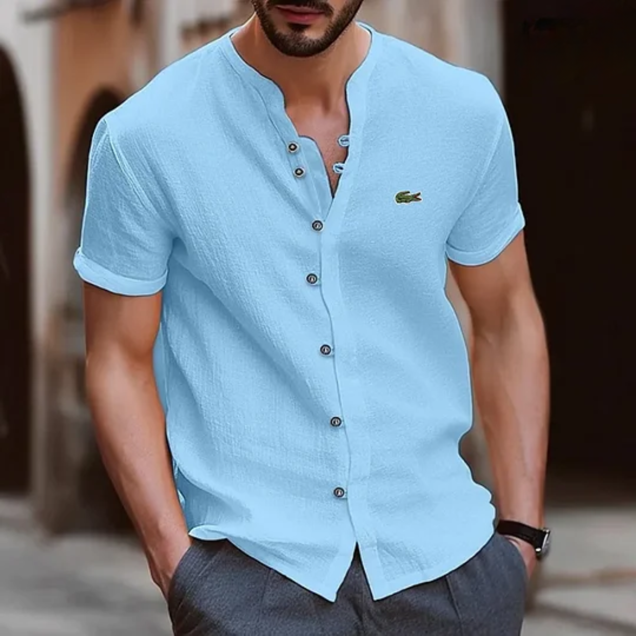 L.C Textured Button Henley Shirt - Clearance Sale